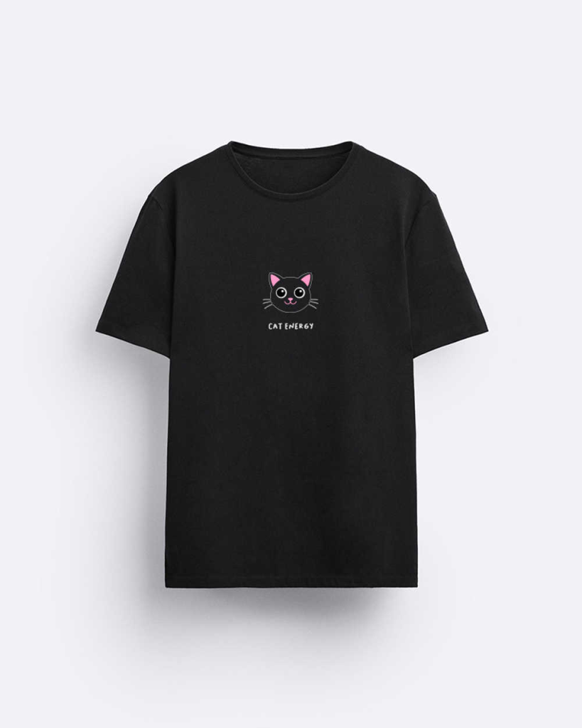 Black t-shirt with a small pink-and-white cat face graphic and the words 'CAT ENERGY' on the chest (informational product image).