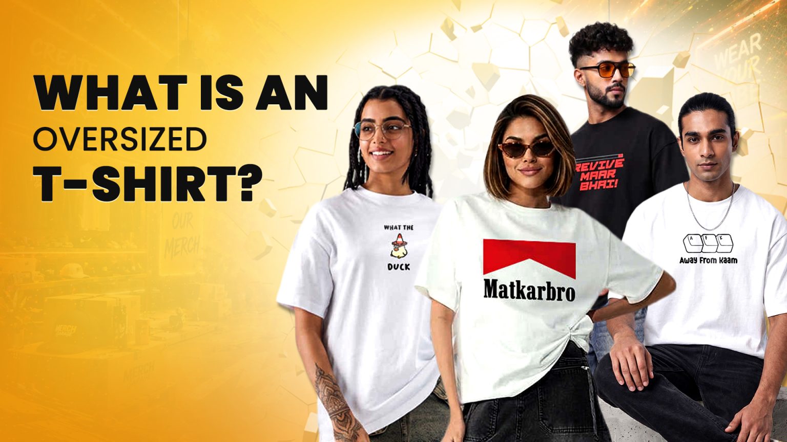 Group of diverse young adults wearing oversized T-shirts with logos against a yellow gradient background and bold title text on the left.
