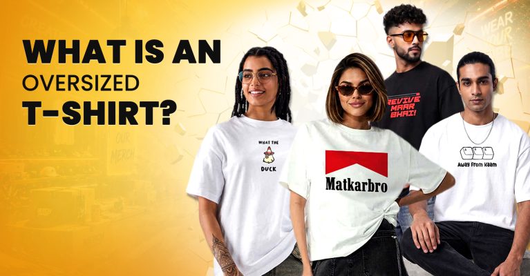Group of diverse young adults wearing oversized T-shirts with logos against a yellow gradient background and bold title text on the left.