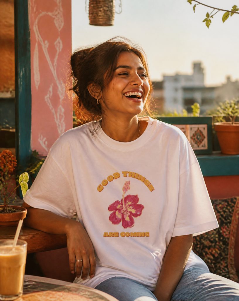 Good Things Are Coming White Oversized T-Shirt Women - MerchGarage Blog Smiling young woman in a white hibiscus-printed Oversized T-shirt sits outdoors at a cafe, with an iced drink on the table in front of her.