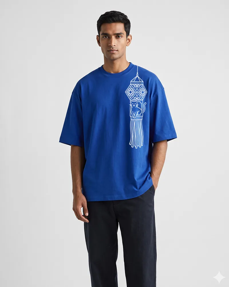 Cat Lantern Electric Blue Oversized T-Shirt