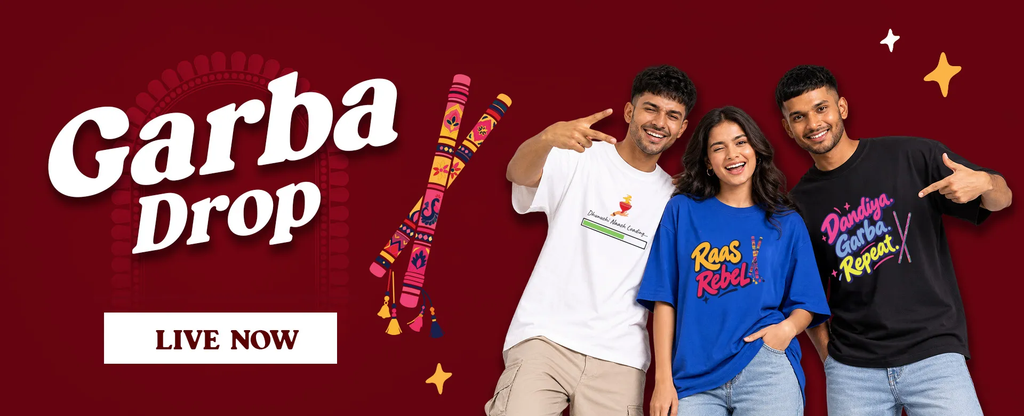 Three people in festive Garba shirts pose on a burgundy banner with bold'Garba Drop' and a white 'LIVE NOW' badge.
