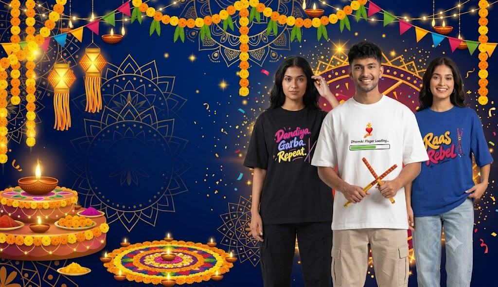 Three smiling friends pose in a Diwali backdrop with hanging marigold garlands, lamps, and rangoli patterns.